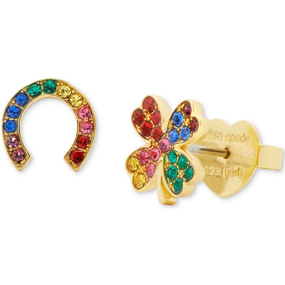 Kate Spade Gold-Tone Multicolor Pavé Horseshoe & Clover Mismatch Stud Earrings